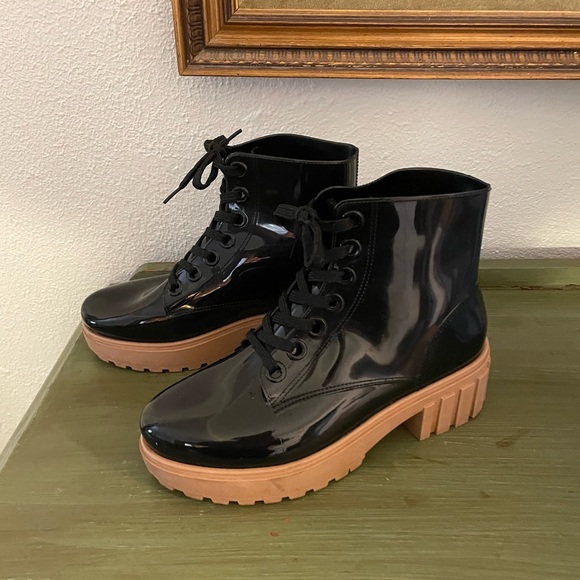 Gianni Bini Black Patent Rubber combat Boots - Picture 4 of 5